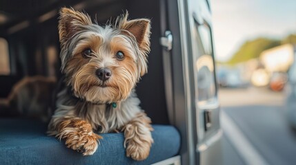 Yorkshire Terrier dog looking from vehicle window, sunny day, blurred traffic background.