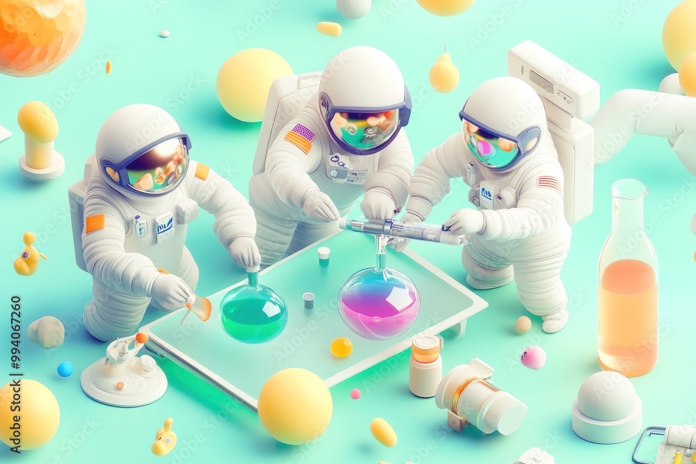 Aufkleber astronauts conducting colorful experiments in a whimsical laboratory setting.