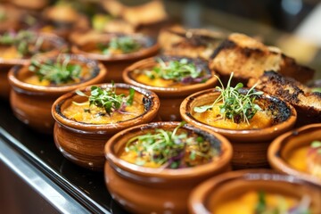 Obraz premium Gourmet terracotta pots with savory pumpkin soup toasted bread
