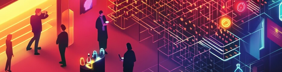 Fototapeta premium A vibrant digital scene depicting people interacting with technology and data visualization.