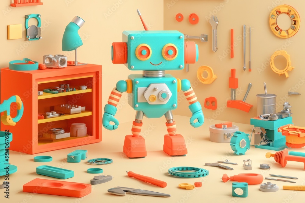 Poster a colorful robot surrounded by various tools and parts in a workshop setting.