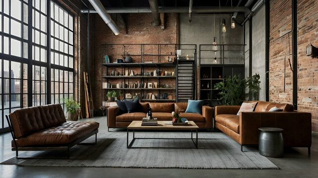 Industrial Loft Living Room with Exposed Brick