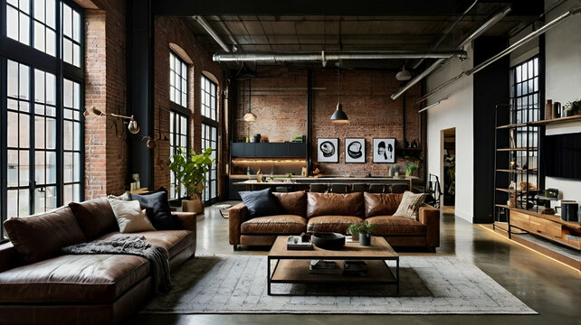 Industrial Loft Living Room with Exposed Brick