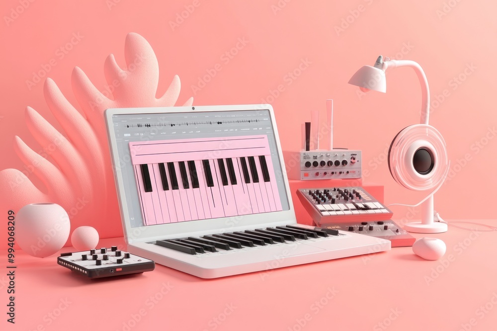 Sticker A modern music production setup with a laptop, synthesizer, and stylish decor.