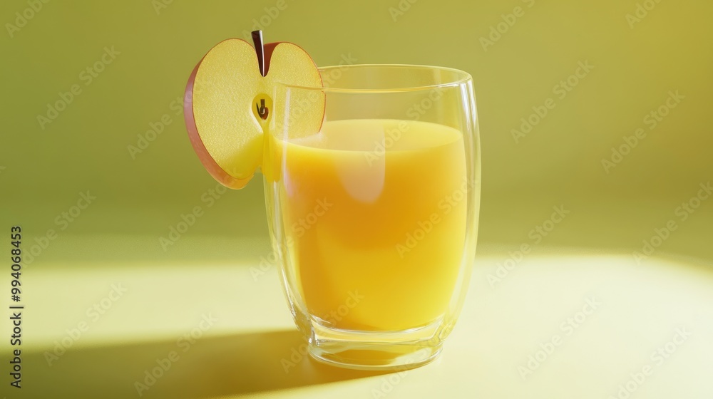 Canvas Prints A glass of fresh juice garnished with an apple slice on a bright background.