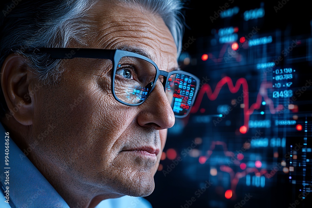 Poster a hyper-realistic image of a ceoâ€™s face, deep in concentration as they review financial data on a 