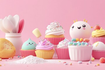 A colorful assortment of cute desserts and sweets on a pink background.