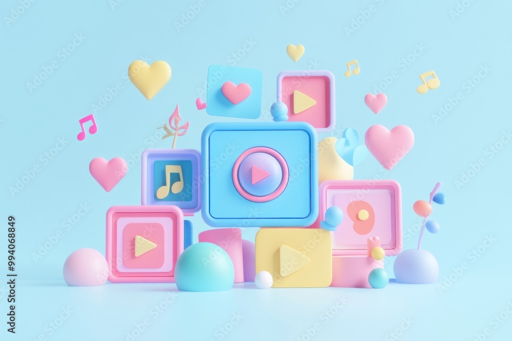 Poster a colorful arrangement of playful multimedia icons and shapes representing digital content.