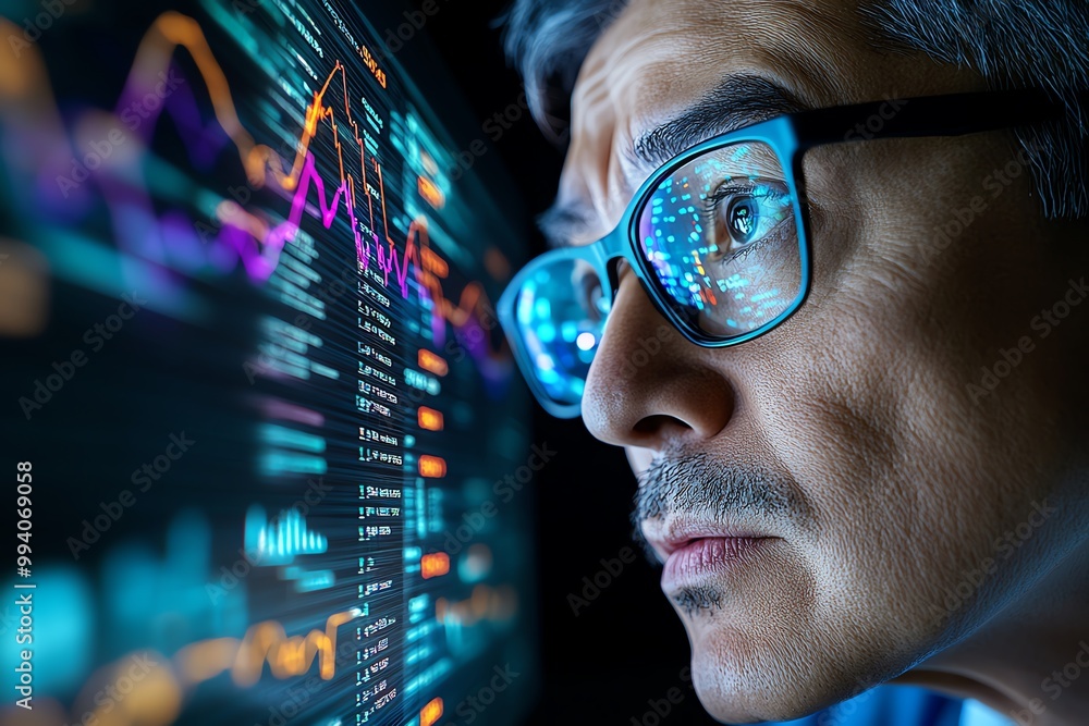 Poster a hyper-realistic image of a ceoâ€™s face, deep in concentration as they review financial data on a 