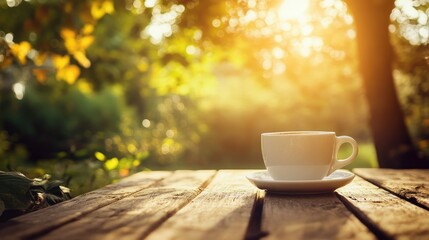 Obraz premium White coffee cup sitting on a wooden table in a garden at sunrise, warm golden light filtering through the trees
