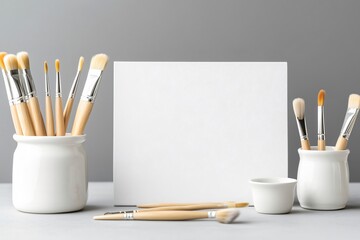 Paintbrushes and a blank canvas are sitting on a table in a ceramics studio, ready for an artist to start creating