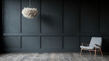A sophisticated setting featuring a dark paneled wall, a unique floral chandelier hanging above, and a modern armchair in the corner, creating a stylish look.