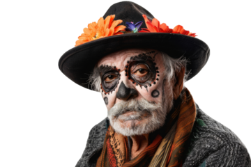 Halloween portrait of an elderly man, his face distorted with a frightening look for the Halloween celebration, isolated on a transparent background