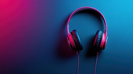 A set of classic black headphones presented with a cool blue and pink background, expressing a...