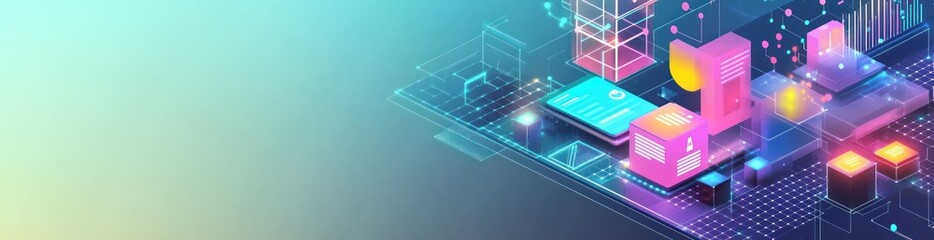 Abstract digital illustration showcasing vibrant geometric shapes and data elements.