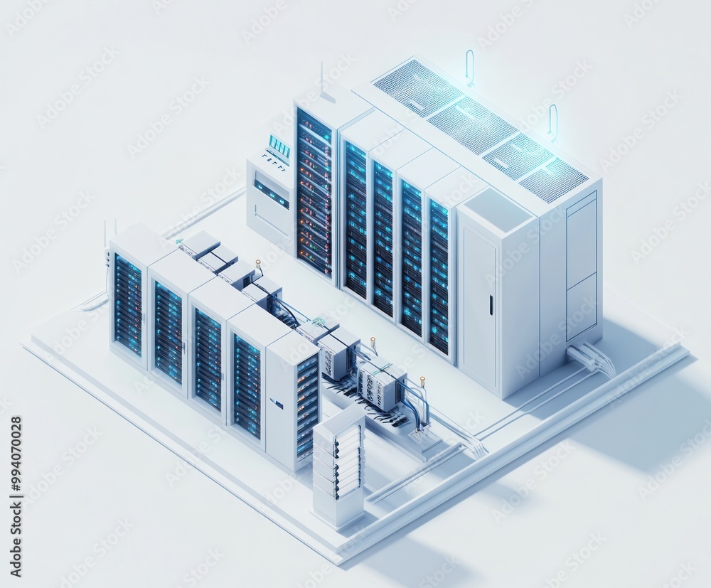 Poster a modern data center with server racks and cooling systems designed for efficient data processing.