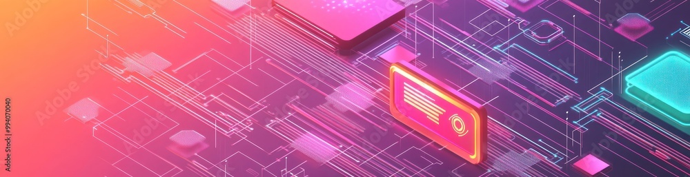 Poster abstract digital design featuring circuit patterns and neon colors.