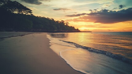 Fototapeta premium A beautiful sandy beach at sunset, captured with a warm and nostalgic filter.