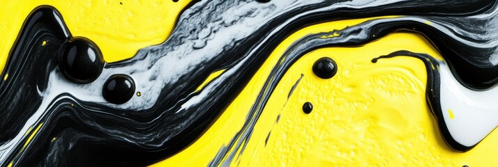 Obraz premium Abstract Black and Yellow Liquid with Paint Drops, Panoramic Banner