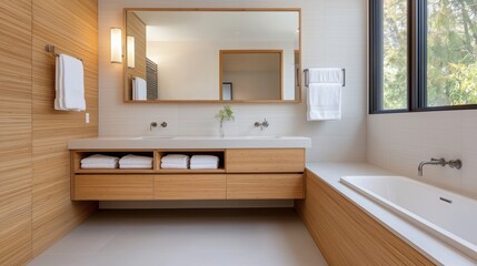 Fototapeta premium Modern bathroom interior featuring wood accents, clean lines, and natural light, perfect for showcasing elegance and relaxation.