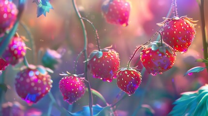 Strawberries grown on glass twigs in a magical forest are clear as a prism with hues dancing around