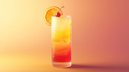 A vibrant cocktail with ice, garnished with an orange slice and cherry, set against a gradient background.