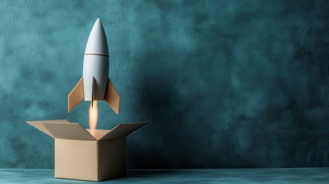 A toy rocket blasts off from a cardboard box against a textured background, symbolizing dreams and ambitions taking flight, embodying creativity and innovation.