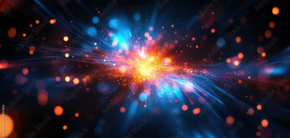 Poster vibrant cosmic explosion with dynamic light rays, bright particles, and a mesmerizing interplay of c