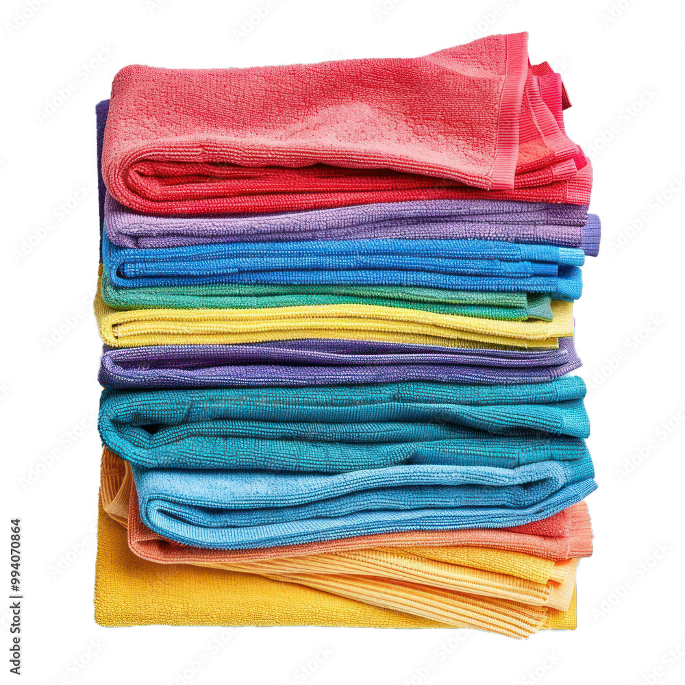 Poster stack of colorful folded towels forming a rainbow gradient pattern, isolated on white background