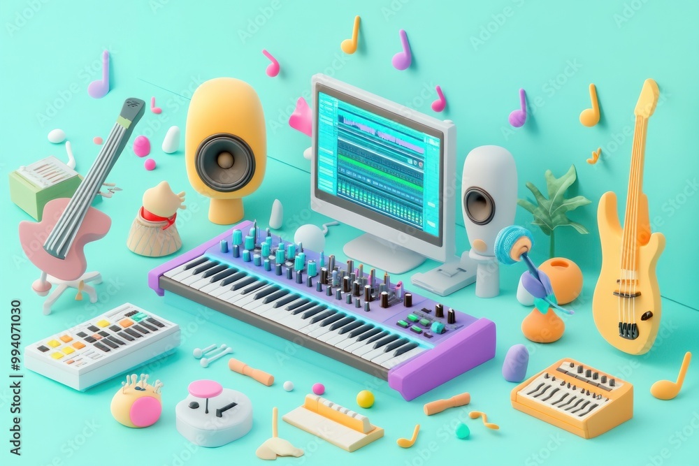 Sticker A colorful 3D illustration of music production tools and instruments.