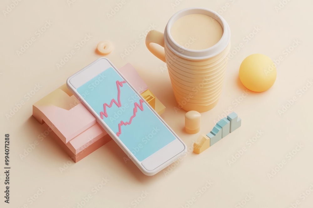 Aufkleber a smartphone displaying a graph beside a coffee cup and colorful objects on a soft surface.