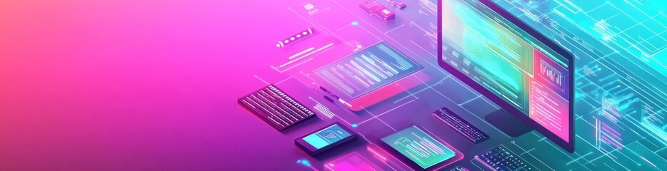 Fototapeta premium Abstract digital design featuring devices and code, representing technology and innovation.