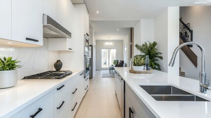 Fototapeta premium A bright, modern kitchen with white countertops.