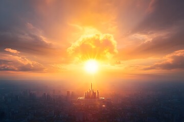 Futuristic Cityscape Powered by Colossal Nuclear Fusion Reactor at Sunset