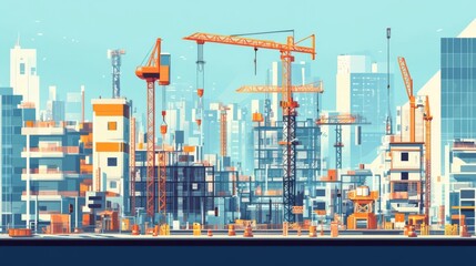 Obraz premium Urban construction site with cranes and unfinished buildings against a city skyline in a bright, clear day.