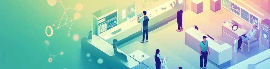 Fototapeta premium A digital illustration of a modern workspace with people engaged in various activities.