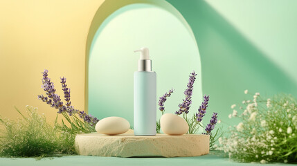 A composition showcasing a bottle of facial serum surrounded by two beige stones and lavender flowers, with a light green backdrop and an arch-shaped window at the bottom, mockup