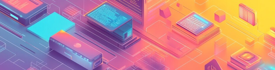 Abstract digital landscape featuring colorful circuit boards and processors.