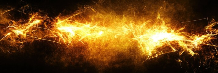 Golden fire energy streaks flowing on dark background banner. Panorama, panoramic banner
