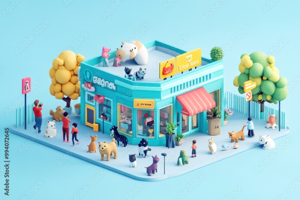 Wall mural A colorful, whimsical pet shop scene with various animals and people interacting outside.