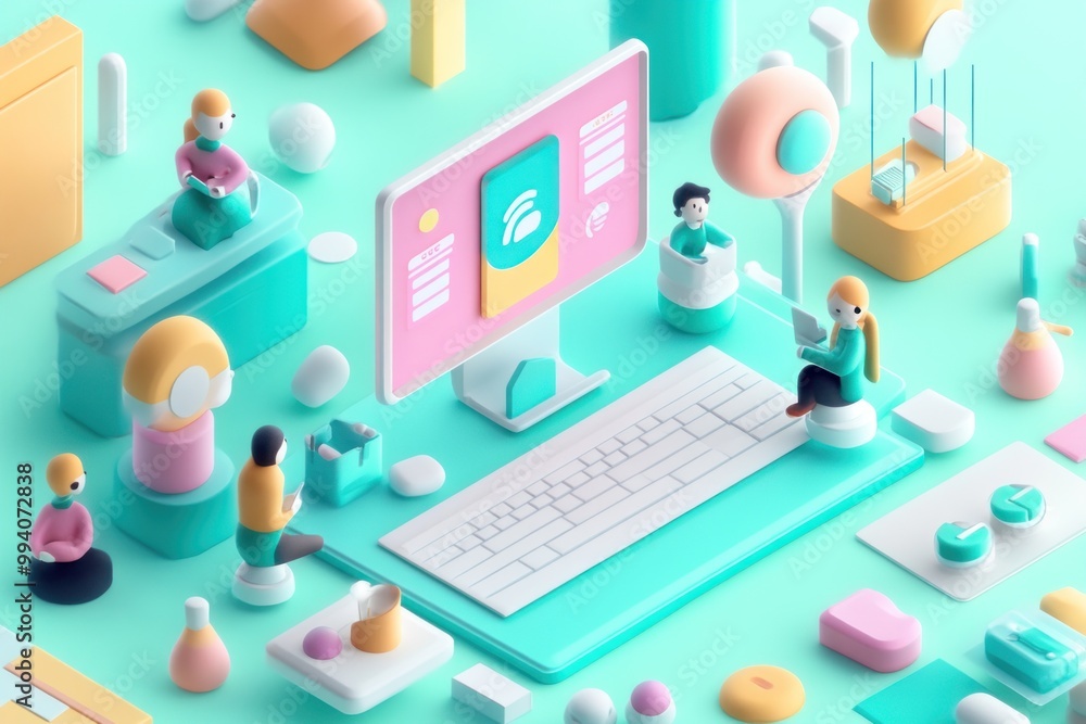 Poster a vibrant digital workspace with abstract figures and tech elements.