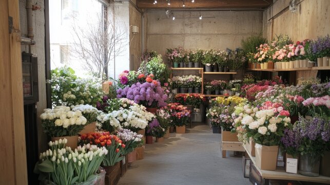 A flower shop is filled with a beautiful selection of blooms, including lilacs, roses, narcissus, hyacinths, ranunculus, tulips, bush roses, chrysanthemums, eucalyptus, anemones, and peonies.