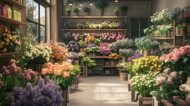 A flower shop is filled with a beautiful selection of blooms, including lilacs, roses, narcissus, hyacinths, ranunculus, tulips, bush roses, chrysanthemums, eucalyptus, anemones, and peonies.