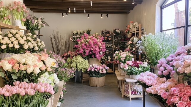 A flower shop is filled with a beautiful selection of blooms, including lilacs, roses, narcissus, hyacinths, ranunculus, tulips, bush roses, chrysanthemums, eucalyptus, anemones, and peonies.