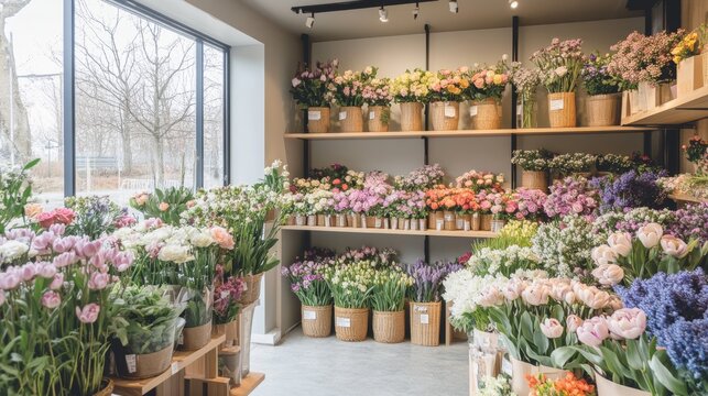 A flower shop is filled with a beautiful selection of blooms, including lilacs, roses, narcissus, hyacinths, ranunculus, tulips, bush roses, chrysanthemums, eucalyptus, anemones, and peonies.