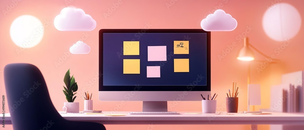 Poster diverse team brainstorming remotely with virtual sticky notes and cloud collaboration tools