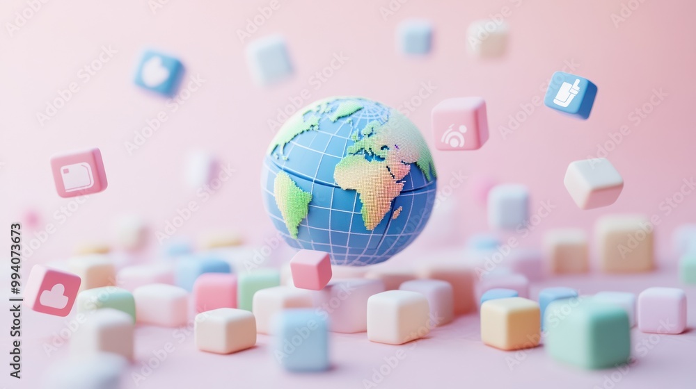 Poster a globe surrounded by colorful cubes representing various concepts and ideas.