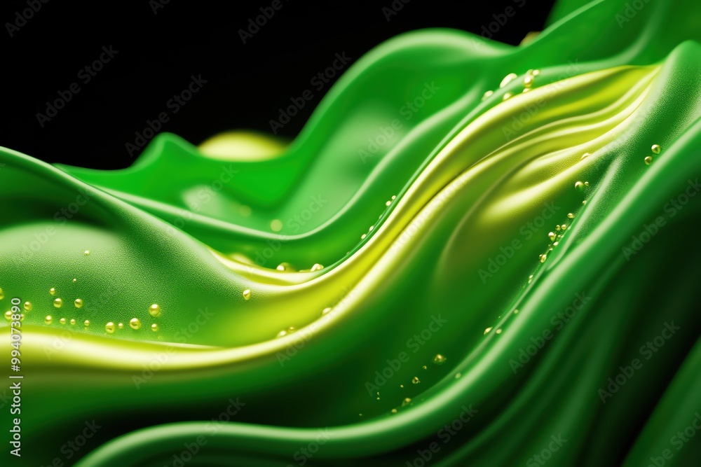 Poster vibrant green waves with soft curves and bubbles create a dynamic abstract composition. perfect for 