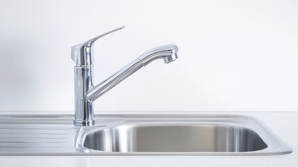 A kitchen sink with a faucet, photographed against a white backdrop.