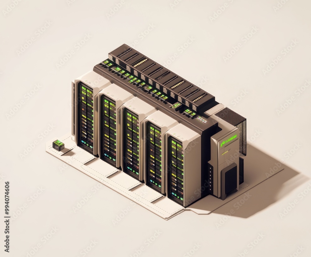 Poster a stylized server farm with rows of servers and a control unit, representing data storage.